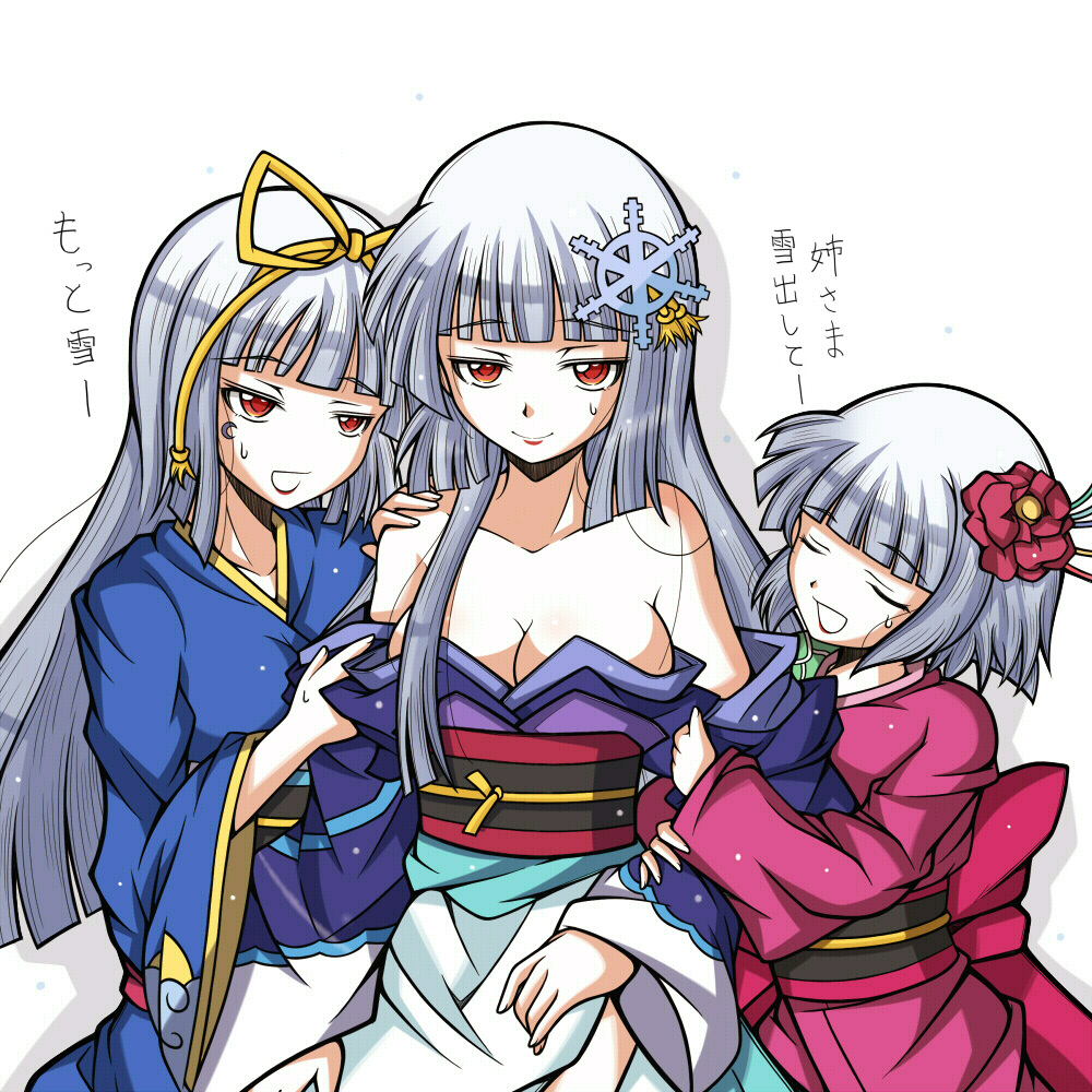 albino, arm_hug, bare_shoulders, breasts, bunny1219, flower, hair_flower, hair_ornament