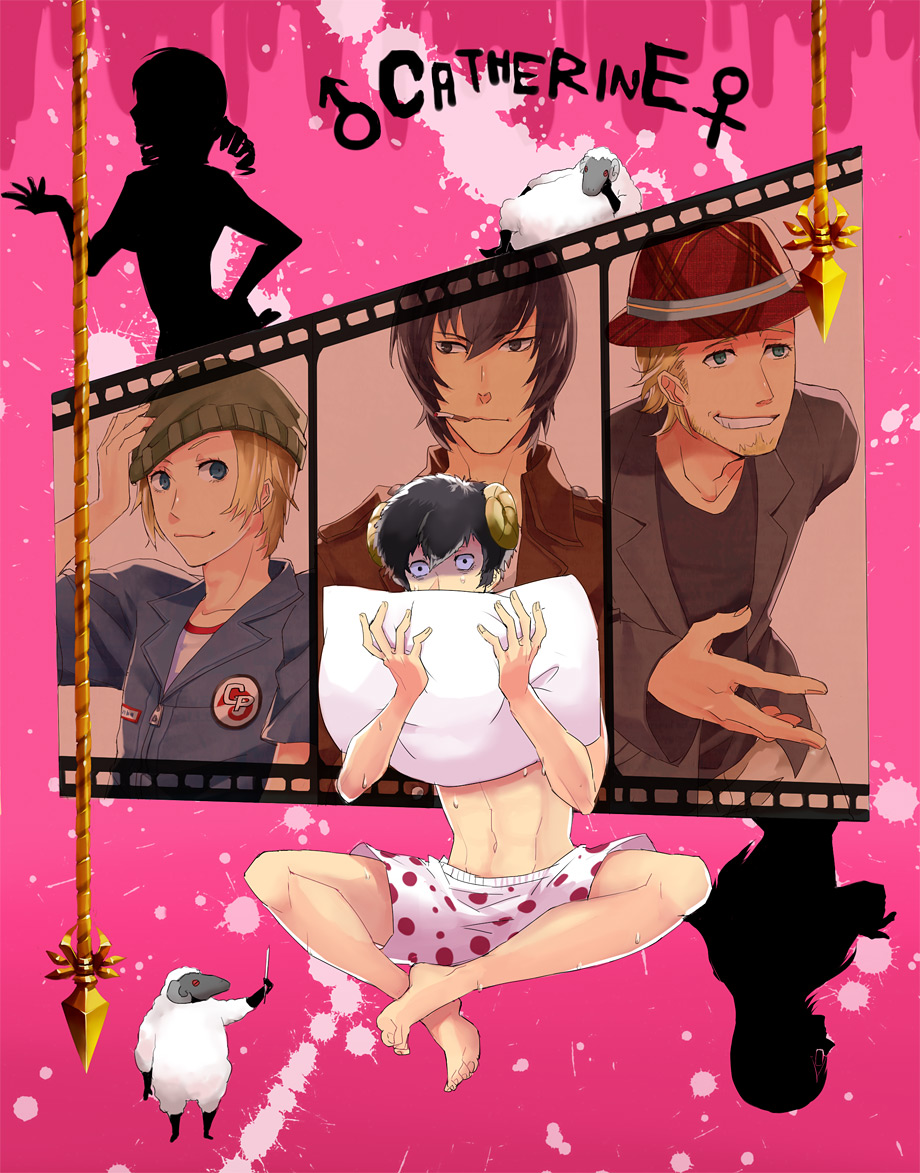 4boys, beanie, beard, black_hair, blonde_hair, blue_eyes, boxers, brown_eyes