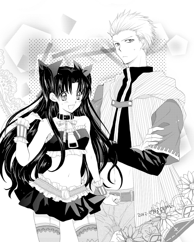 1girl, amakura_(am_as), archer, character_request, cosplay, fate/stay_night, fate_(series), full_moon_wo_sagashite, greyscale, hair_ribbon, long_hair, meroko_yui, meroko_yui_(cosplay), midriff, monochrome, parody, ribbon, shoujo_(style), style_parody, takuto_kira, takuto_kira_(cosplay), thigh-highs, thighhighs, tohsaka_rin, toosaka_rin, two_side_up