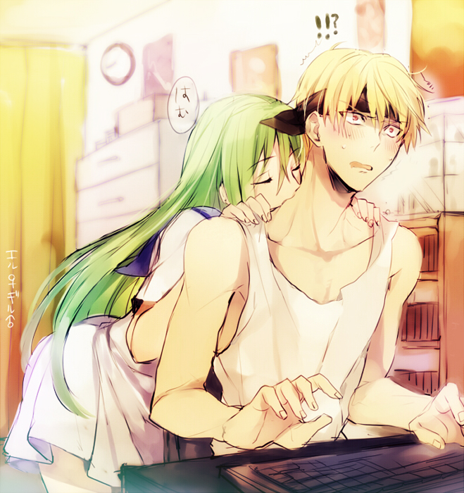 1boy, 1girl, 2boys, amakura_(am_as), blonde_hair, computer_keyboard, dress, earrings, enkidu_(fate/strange_fake), fate/strange_fake, fate/zero, fate_(series), genderswap, gilgamesh, green_hair, headband, jewelry, keyboard, long_hair, multiple_boys, red_eyes, sensha_otoko, surprised, trap