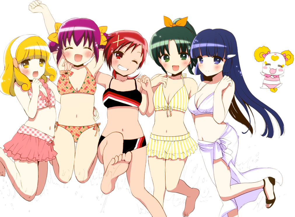aoki_reika, barefoot, bikini, bikini_skirt, candy_(smile_precure!), feet, hino_akane, hoshizora_miyuki