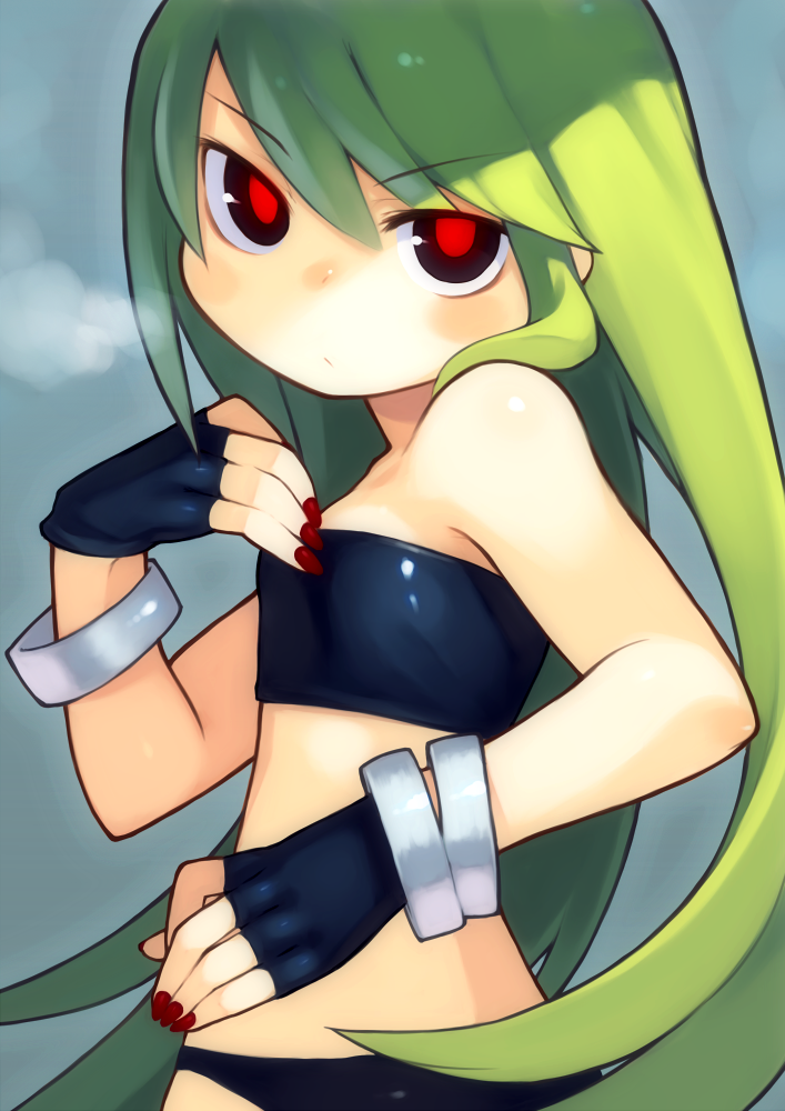 bachera, bangs, bare_shoulders, bracelet, fingerless_gloves, fingernails, flat_chest, gloves