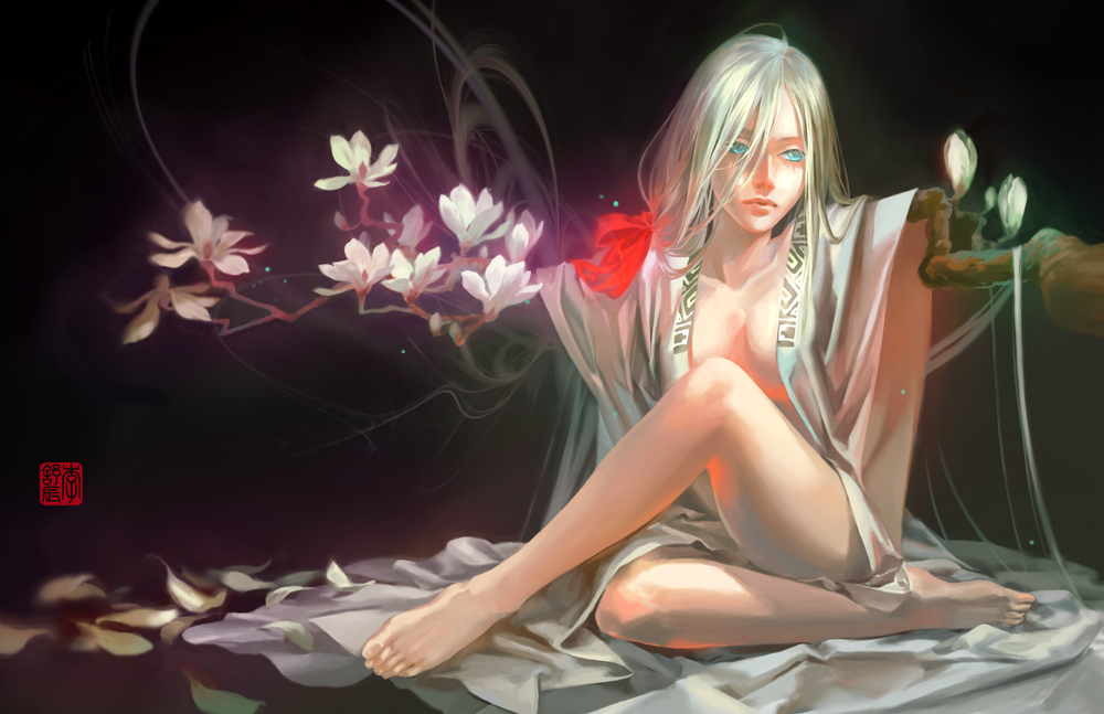 bad_id, barefoot, blue_eyes, bow, breasts, feet, flower, mou-s