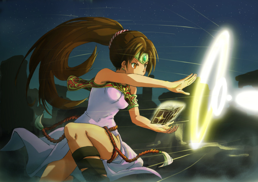 angry, book, brown_eyes, brown_hair, capelet, circlet, dress, energy_beam