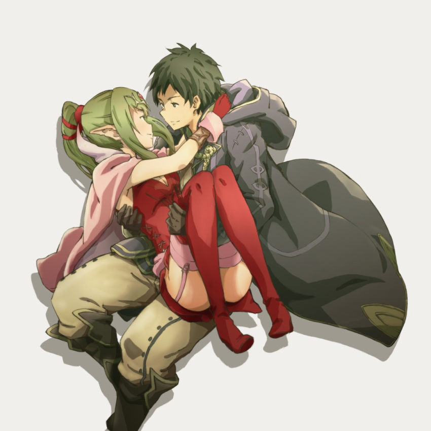 1boy, 1girl, adult, boots, bracelet, breasts, brown_hair, cape