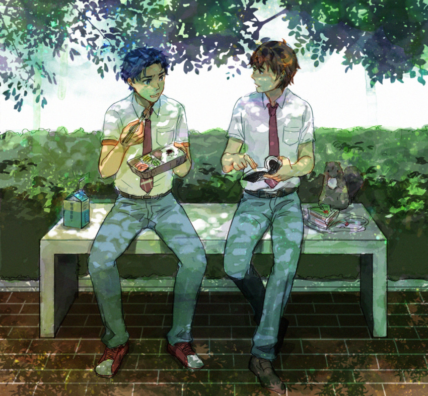 animal, ashinomoto, belt, bench, black_hair, book, brown_hair, chopsticks