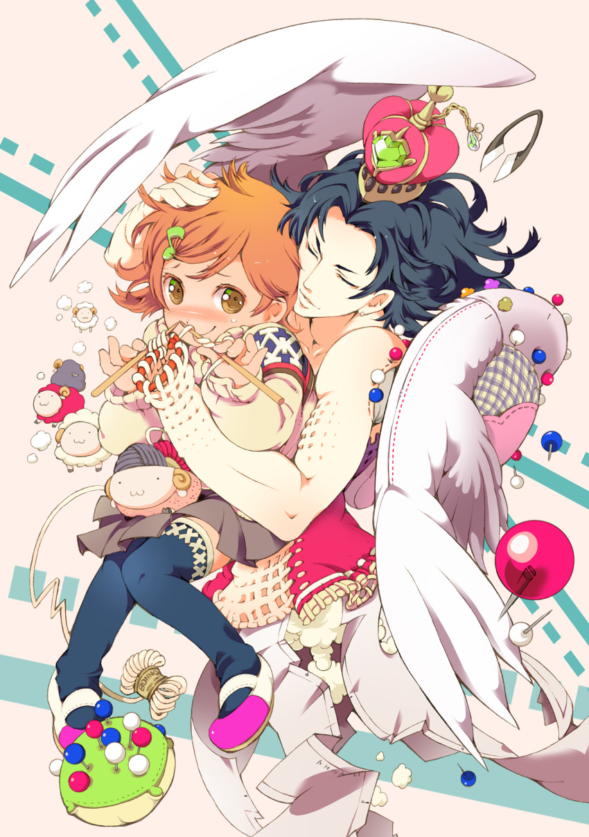 :3, black_hair, blue_legwear, blush, brown_eyes, brown_hair, closed_eyes, collarbone