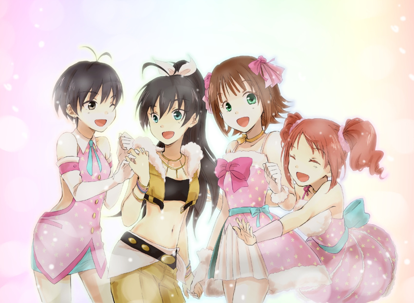 4girls, black_hair, blue_eyes, brown_hair, ganaha_hibiki, gloves, green_eyes, idolmaster, kikuchi_makoto, long_hair, midriff, multiple_girls, ponytail, ribbon, short_hair, smile, takatsuki_yayoi, tkns, twintails, wink