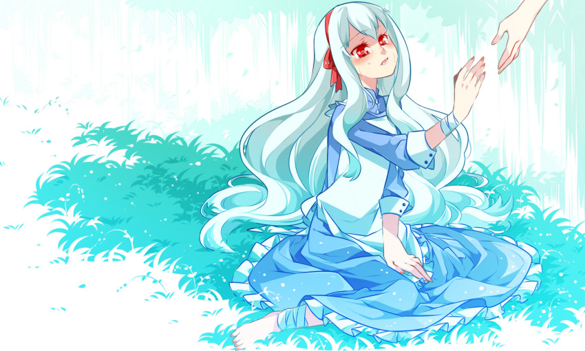 blue_hair, character_request, crying, ia, imagination_forest_(vocaloid), long_hair, red_eyes, tears, vocaloid
