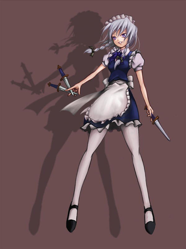 apron, blue_eyes, blush, braid, izayoi_sakuya, knife, maid, maid_headdress