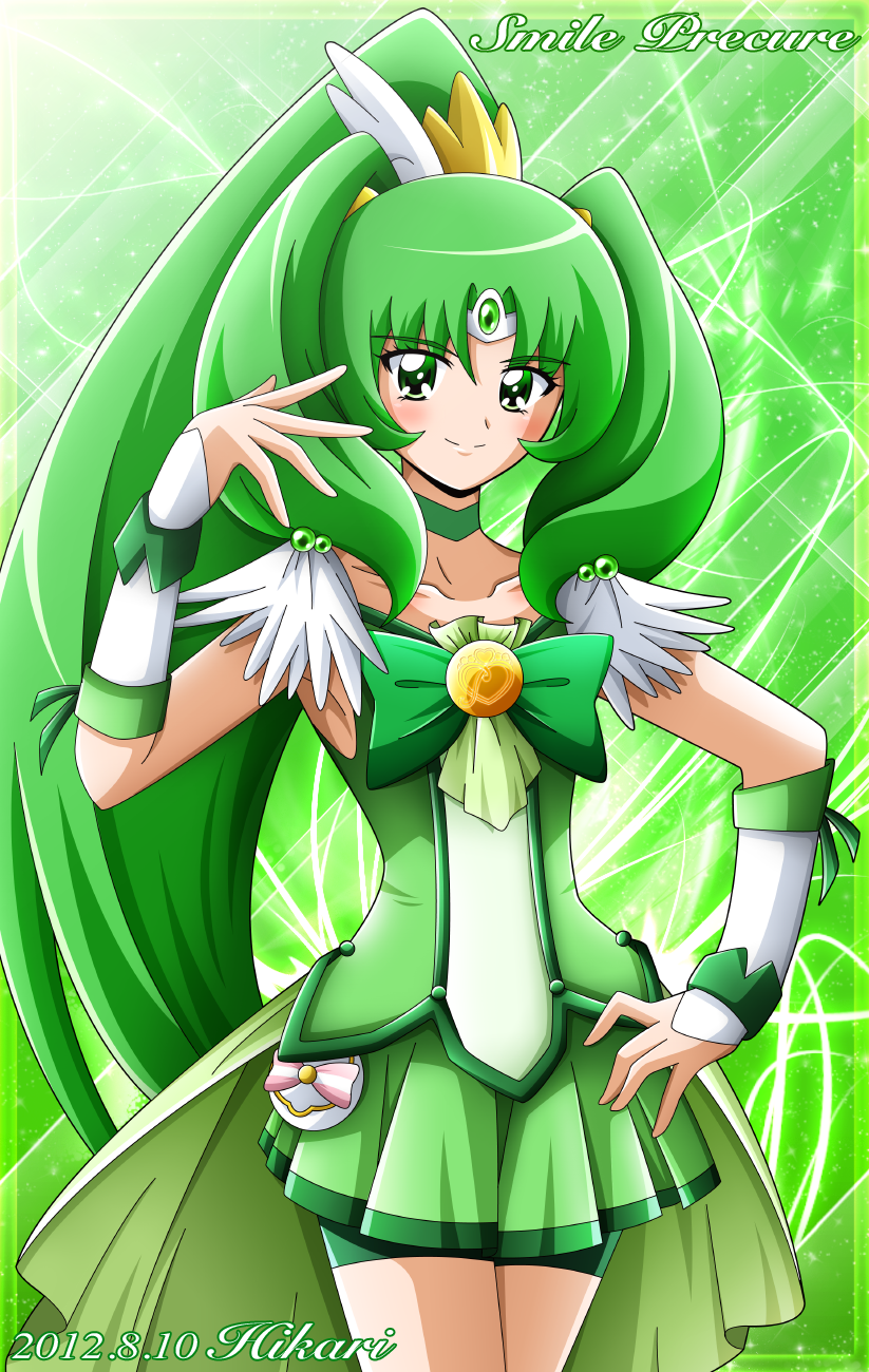 2012, bike_shorts, choker, cure_march, dated, dress, green, green_background, green_dress, green_eyes, green_hair, highres, hikari_(hikari_no_kobako), long_hair, magical_girl, midorikawa_nao, ponytail, precure, shorts_under_skirt, skirt, smile, smile_precure!, solo, tiara, title_drop, tri_tails