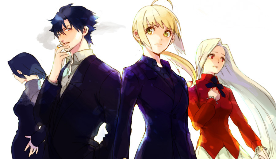 3girls, ahoge, bad_id, black_hair, blonde_hair, emiya_kiritsugu, fate/zero, fate_(series), formal, green_eyes, hisau_maiya, irisviel_von_einzbern, long_hair, multiple_girls, pant_suit, ponytail, red_eyes, ruondea, saber, short_hair, simple_background, suit, white_background, white_hair