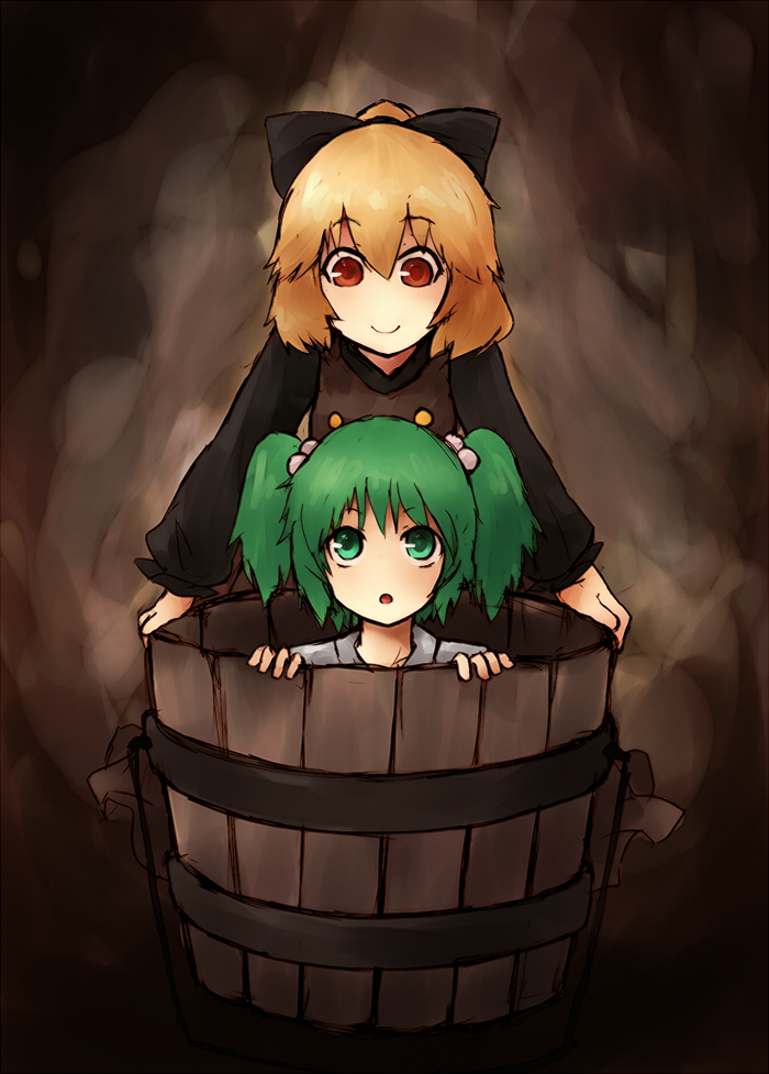 ahir_bow, blonde_hair, bow, bucket, green_eyes, green_hair, hair_bobbles, hair_bow