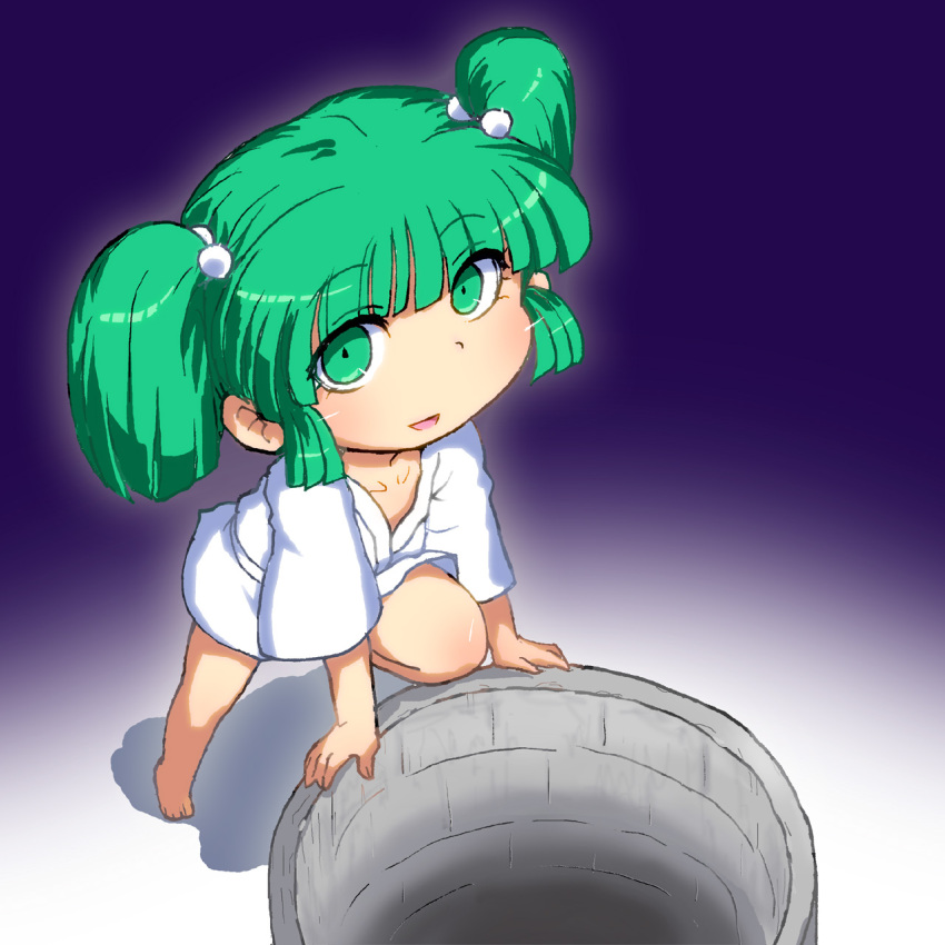 collarbone, gomi_ichigo, green_eyes, green_hair, hair_bobbles, hair_ornament, highres, kisume