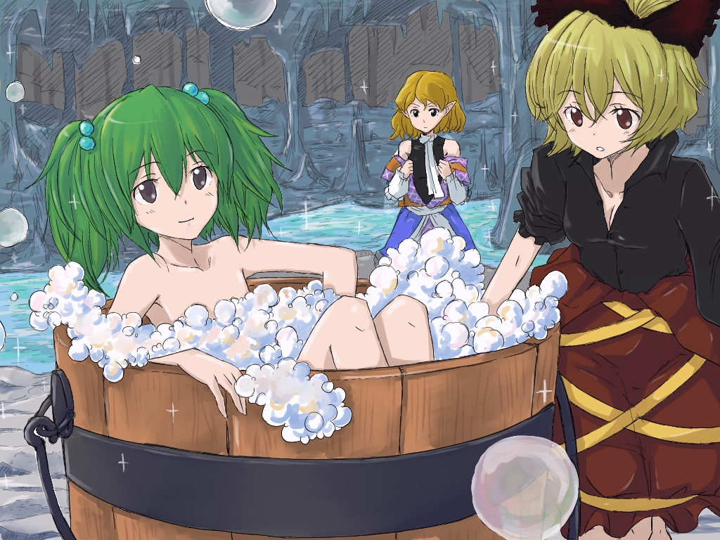 bare_shoulders, bathing, black_eyes, blonde_hair, bow, breasts, brown_eyes, bubble