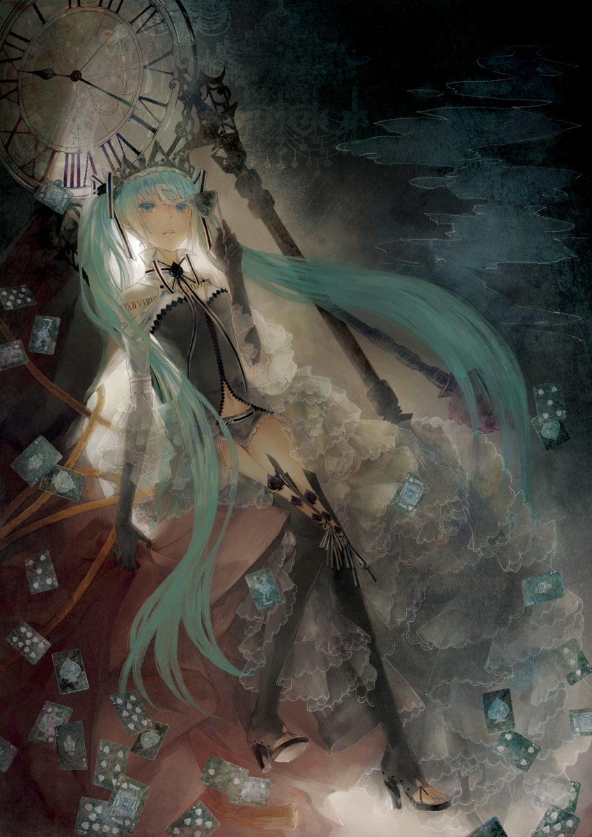 aqua_eyes, aqua_hair, card, clock, fcsz3d1a, hatsune_miku, high_heels, highres
