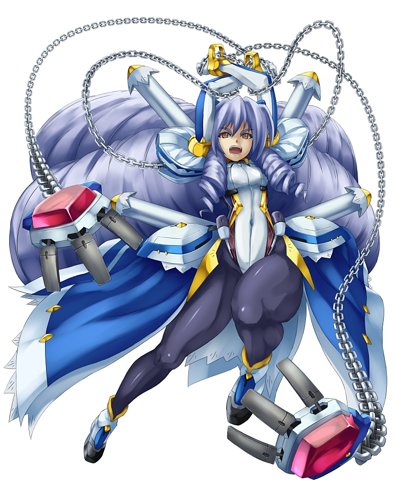 1girl, artist_request, big_hair, black_legwear, bodysuit, chain, chains, drill_hair, fang, fangs, female, grey_hair, grey_hair, kyoukai_senjou_no_horizon, long_hair, neito_mitotsudaira, open_mouth, pantyhose, silver_hair, solo, strawmat, very_long_hair, yellow_eyes