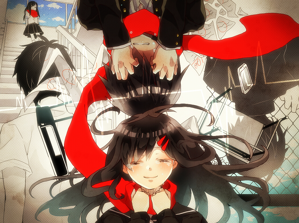 1girl, ayano_(kagerou_project), black_hair, cellphone, closed_eyes, eyes_closed, kisaragi_shintarou, long_hair, phone, sarara23, scarf, school_uniform, short_hair, smile, tears, toa_(sarara23), toumei_answer_(vocaloid), vocaloid