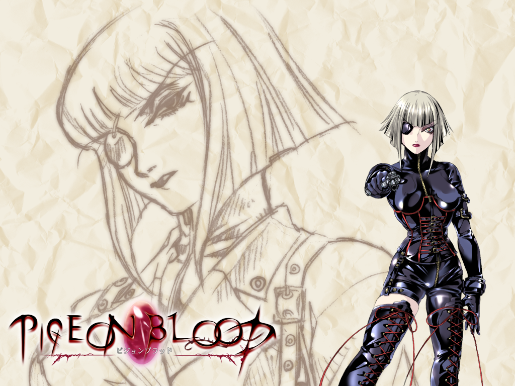 amber_eyes, corset, eyepatch, gold_eyes, latex, latex_legwear, lipstick, logo, makeup, pigeon_blood, regina_(pigeon_blood), short_hair, silver_hair, thigh-highs, thighhighs, wallpaper, yellow_eyes, yoshizawa_tomoaki, zoom_layer
