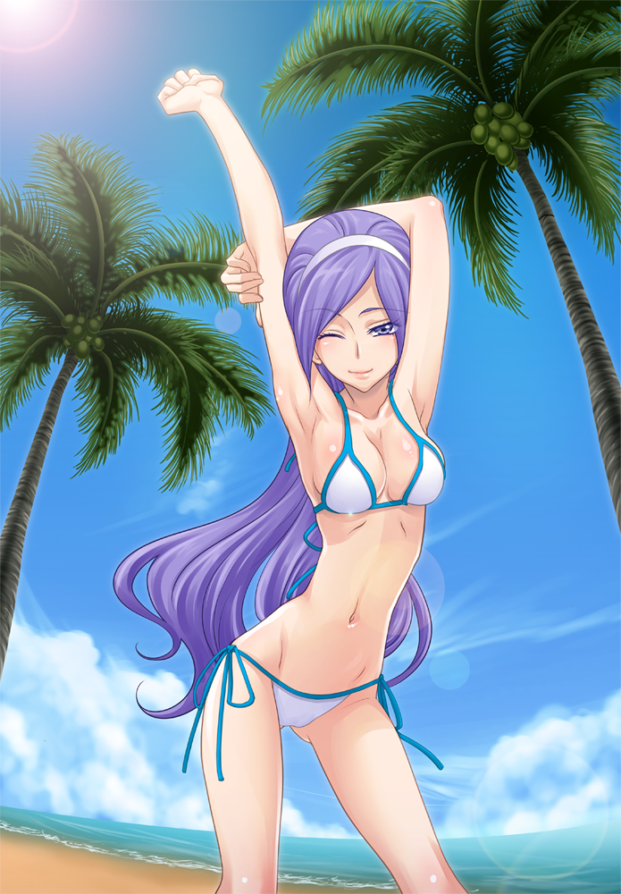 arm_up, armpits, beach, bikini, blue_eyes, blue_hair, cloud, fresh_precure!