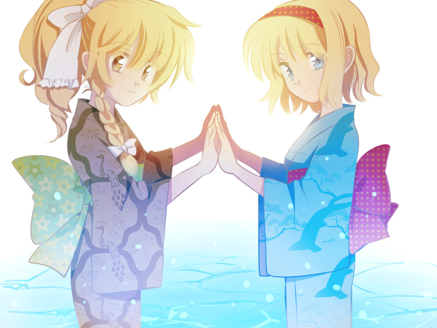 alice_margatroid, alternate_costume, alternate_hairstyle, blonde_hair, blue_eyes, bow, braid, hair_bow