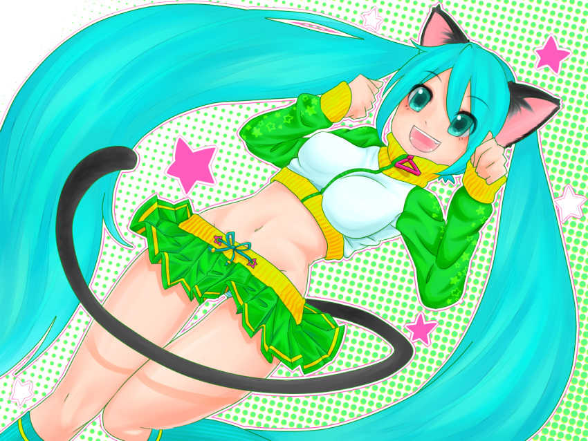 1girl, animal_ears, aqua_eyes, aqua_hair, cat_ears, cat_tail, hatsune_miku, hekopon