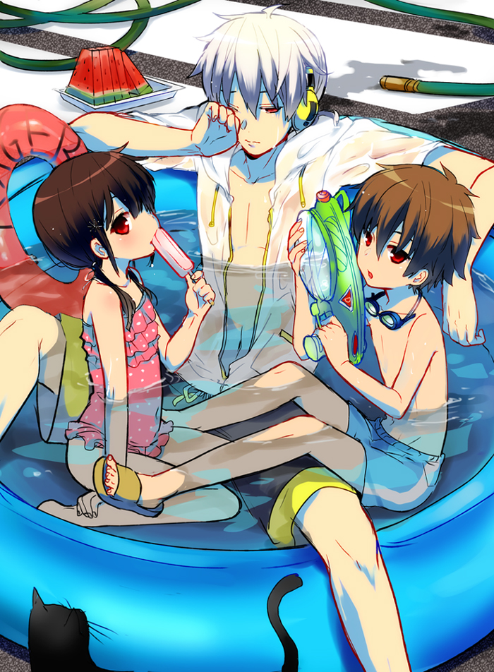 2boys, brown_hair, cat, character_request, child, food, fruit, goggles, headphones, hibiya_(kagerou_project), hiyori_(kagerou_project), kagerou_days_(vocaloid), kagerou_project, kl, konoha_(kagerou_project), konoha_no_sekai_jijou_(vocaloid), mekakushi_code_(vocaloid), multiple_boys, one-piece_swimsuit, open_clothes, open_shirt, ponytail, pool, short_hair, snorkel, swim_trunks, swimming_trunks, swimsuit, water, watermelon, watermelonv