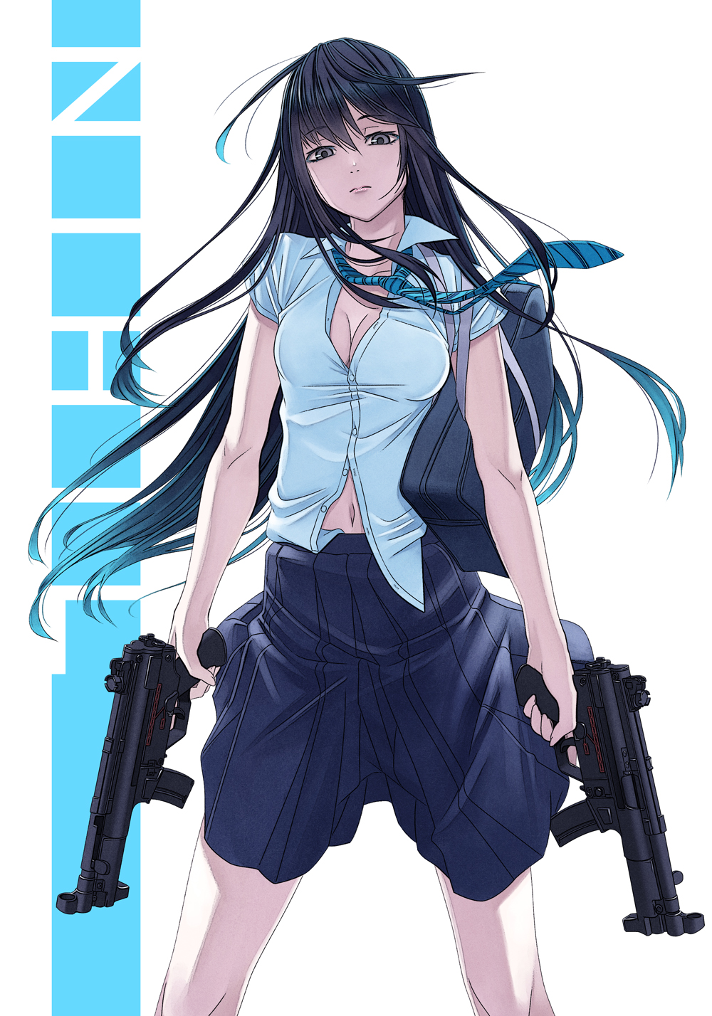 bag, black_eyes, black_hair, breasts, cleavage, dual_wielding, gun, h&amp;k_mp5k, hamada_youho, highres, long_hair, looking_at_viewer, navel, necktie, original, school_bag, school_uniform, simple_background, skirt, solo, submachine_gun, trigger_discipline, weapon, white_background, wind