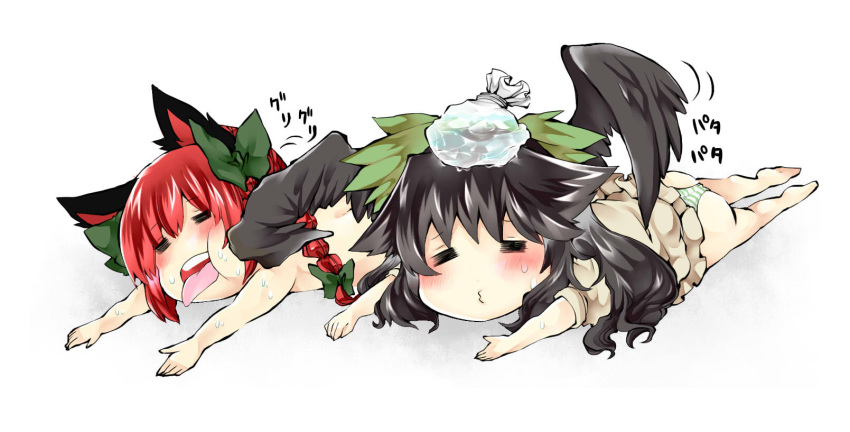 animal_ears, barefoot, bird_wings, black_hair, black_wings, blush, bow, braid, cat_ears, closed_eyes, eyes_closed, hair_bow, highres, ice_bag, kaenbyou_rin, long_hair, multiple_girls, nanami_(artist), open_mouth, panties, red_hair, redhead, reiuji_utsuho, side_braid, single_braid, striped, striped_panties, sweat, tongue, touhou, underwear, wings