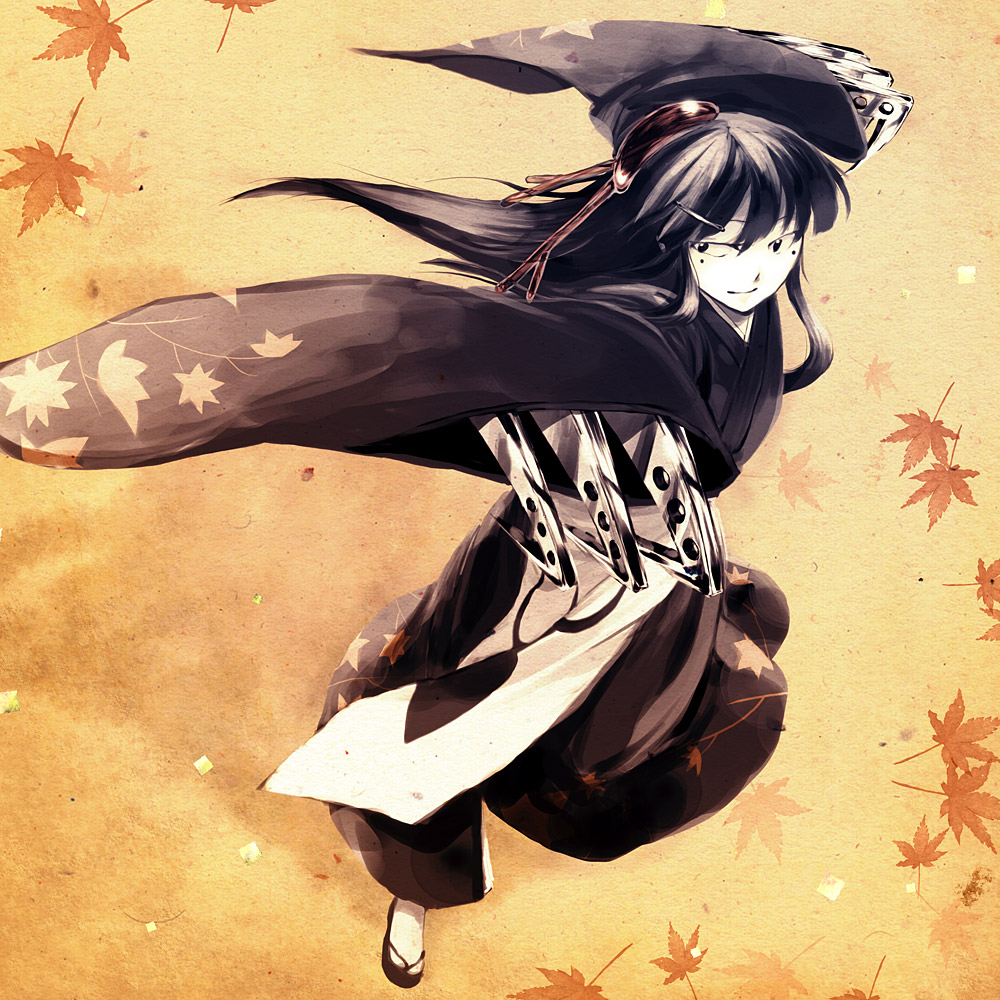 1boy, black_eyes, claws, fighting_stance, japanese_clothes, karakuri_douji_ultimo, kazashino, leaf