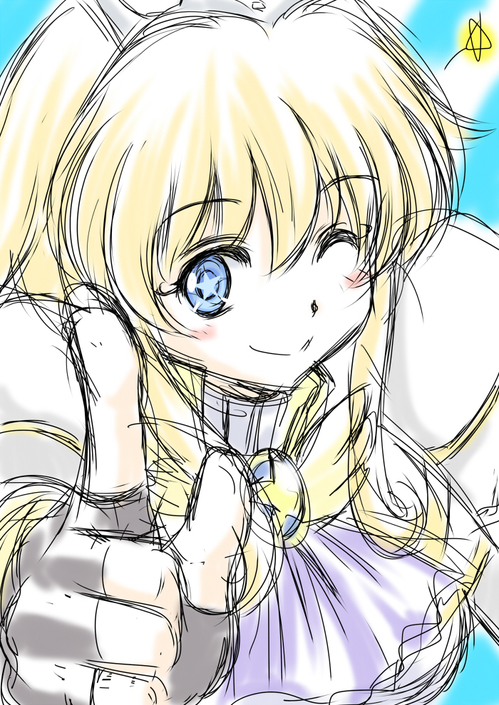 adelaide_grand_marnier, blonde_hair, blue_eyes, blush, bust, dog_days, fingerless_gloves, gloves