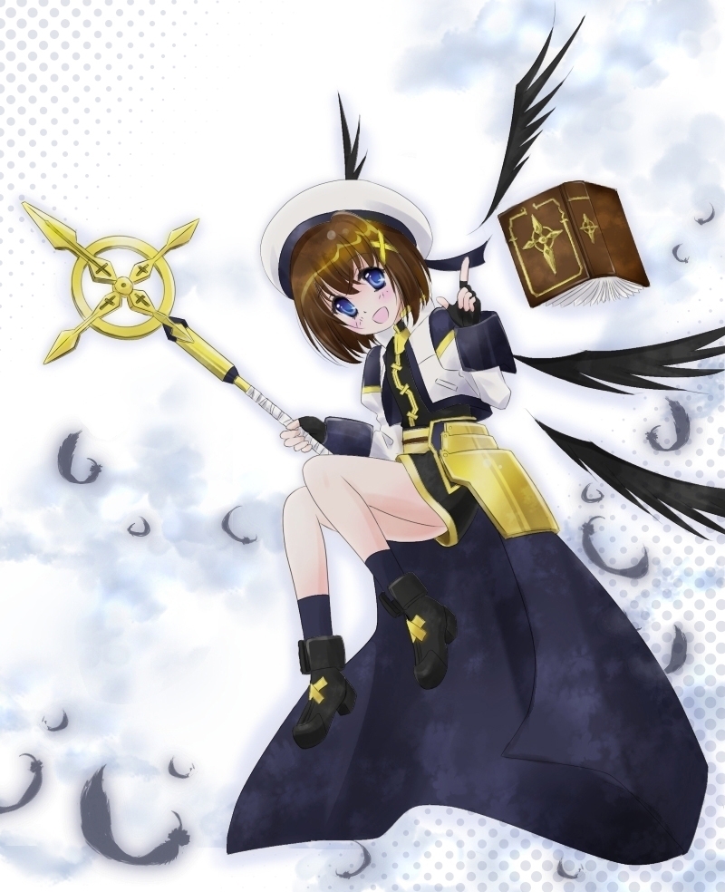 :d, armor, blue_eyes, blush, book, brown_hair, feathers, fingerless_gloves