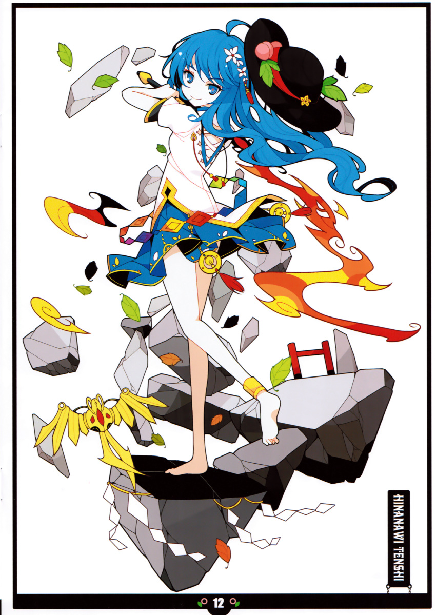 absurdres, ahoge, ankle_band, anklet, barefoot, blue_eyes, blue_hair, fire