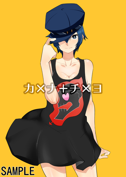 bare_shoulders, blue_hair, breasts, cabbie_hat, cleavage, dress, fire, hand_on_hat, hat, hat_over_one_eye, heart, legs, negatibu, persona, persona_4, shirogane_naoto, short_hair, skull, solo, tatsumi_kanji, tatsumi_kanji_(cosplay), thighs, wavy_hair