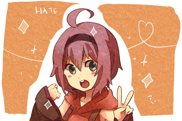 ahoge, aino_hate, black_eyes, blush_stickers, character_name, detached_sleeves, hairband, heart