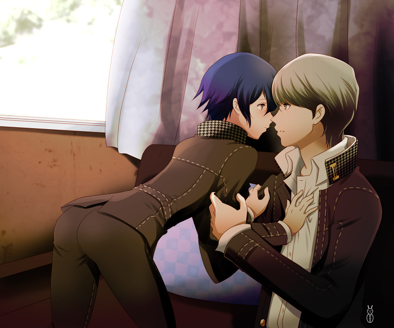 1girl, ass, blue_eyes, blue_hair, couch, couple, crossdressinging, grey_eyes, grey_hair, machinosuke, narukami_yuu, persona, persona_4, school_uniform, shirogane_naoto, short_hair, signature