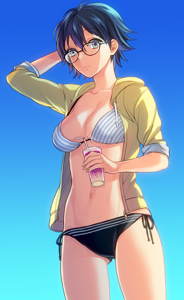 arm_behind_head, bikini, black_hair, breasts, cleavage, drink, glasses, hoodie