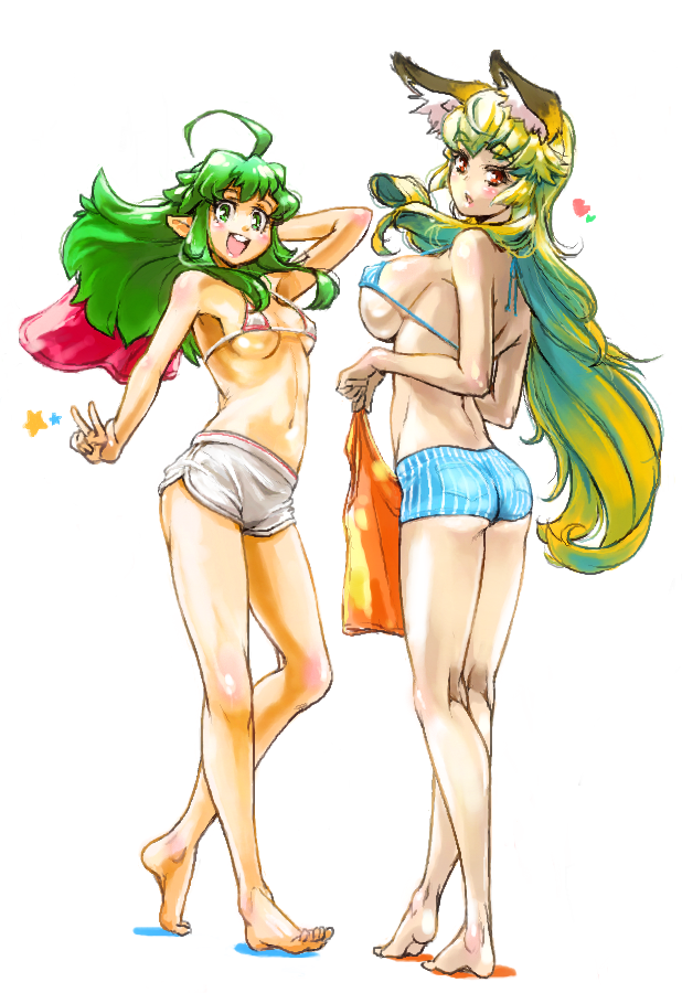 ahoge, animal_ears, ass, back, bare_shoulders, barefoot, bikini_top, blonde_hair