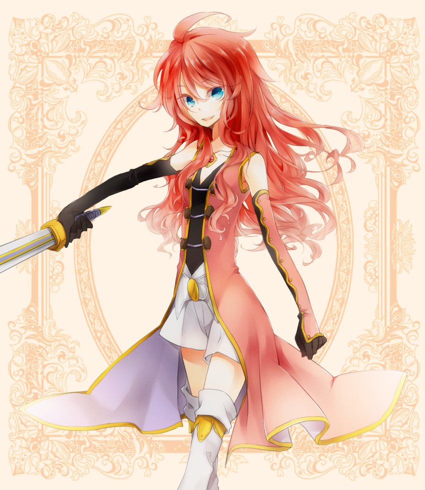 blue_eyes, elbow_gloves, female, genderswap, highres, red_hair, smile, sword