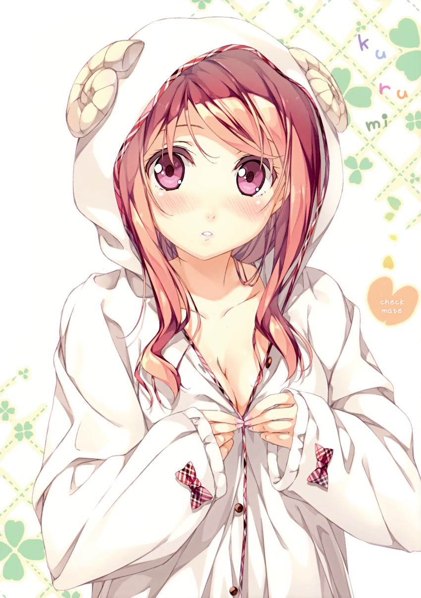 absurdres, animal_costume, blush, breasts, buttons, character_name, cleavage, collarbone