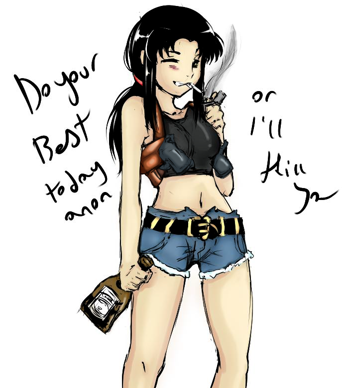 1girl, alcohol, belt, black_hair, black_lagoon, bottle, cigarette, colored
