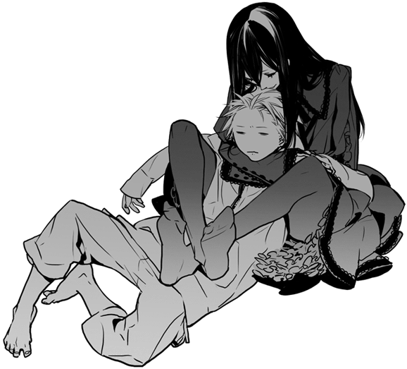 artist_request, barefoot, closed_eyes, eyes_closed, frills, gothic_lolita, hug, leg_hug, lolita_fashion, long_hair, lying_on_lap, male, monochrome, moyashimon, multiple_boys, pantyhose, sawaki_souemon_tadayasu, trap, yuuki_kei