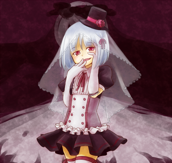 dress, elbow_gloves, garters, gloves, hair_ribbon, hands_on_own_face, hat, kanna_asumi