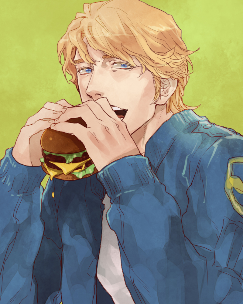 blonde_hair, blue_eyes, blue_jacket, bomber_jacket, eating, food, hamburger, jacket
