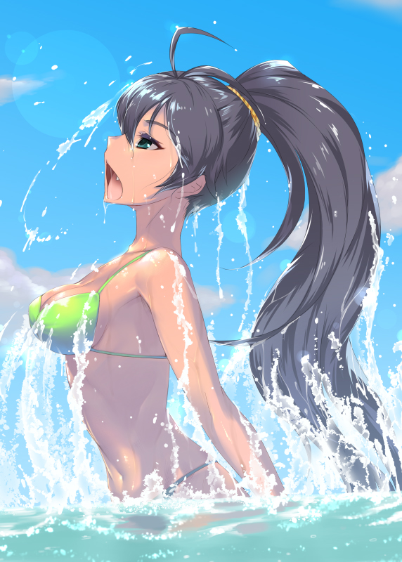 bikini, black_hair, don_michael, fang, ganaha_hibiki, green_bikini, green_eyes, idolmaster