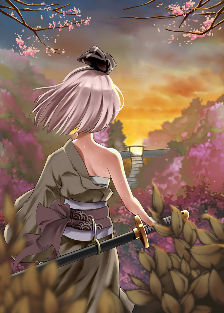 alternate_costume, bare_shoulders, cherry_blossoms, cloud, clouds, fence, from_behind, hairband