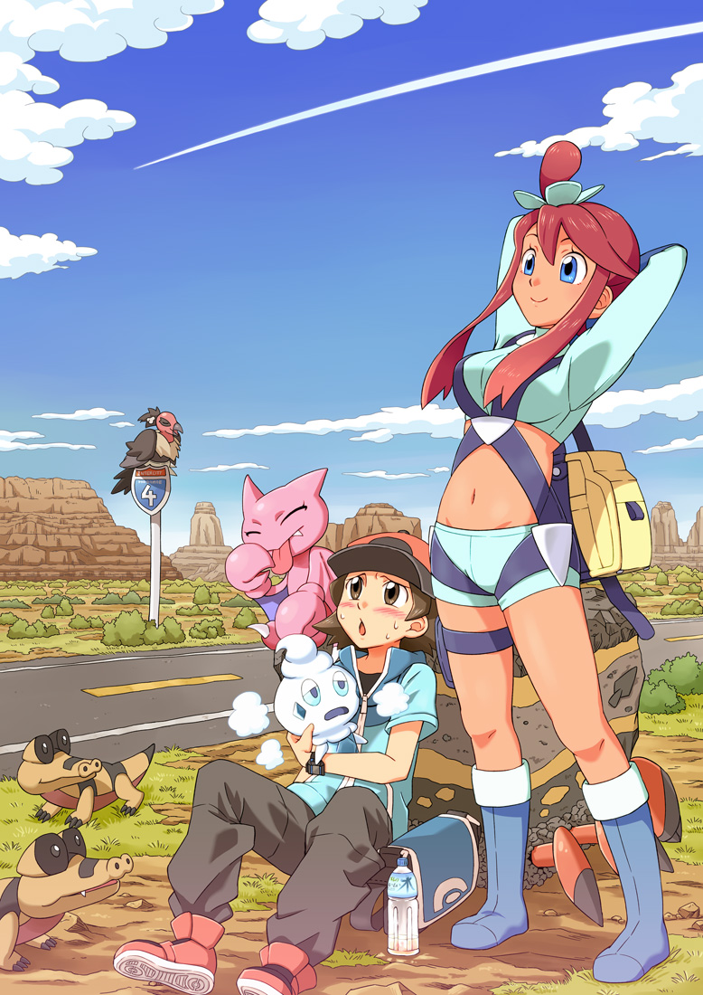 bag, baseball_cap, bird, blue_eyes, bottle, brown_eyes, brown_hair, crocodile, crocodilian, crustle, fuuro_(pokemon), gligar, gym_leader, hat, hot, kyoutarou, mandibuzz, midriff, pokemon, pokemon_(game), pokemon_black_and_white, pokemon_bw, red_hair, redhead, sandile, sign, sitting, sky, smile, souen_hiro, street, sweat, touya_(pokemon), vanillite, water_bottle