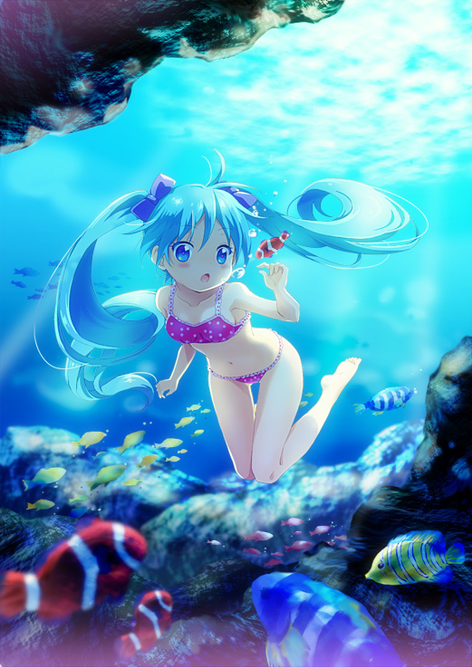 :o, barefoot, bikini, blue_eyes, blue_hair, blush, bubble, clownfish
