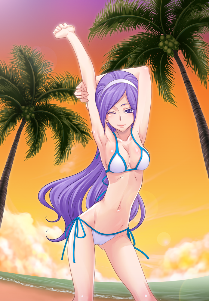 arm_up, armpits, beach, bikini, blue_eyes, blue_hair, cloud, clouds
