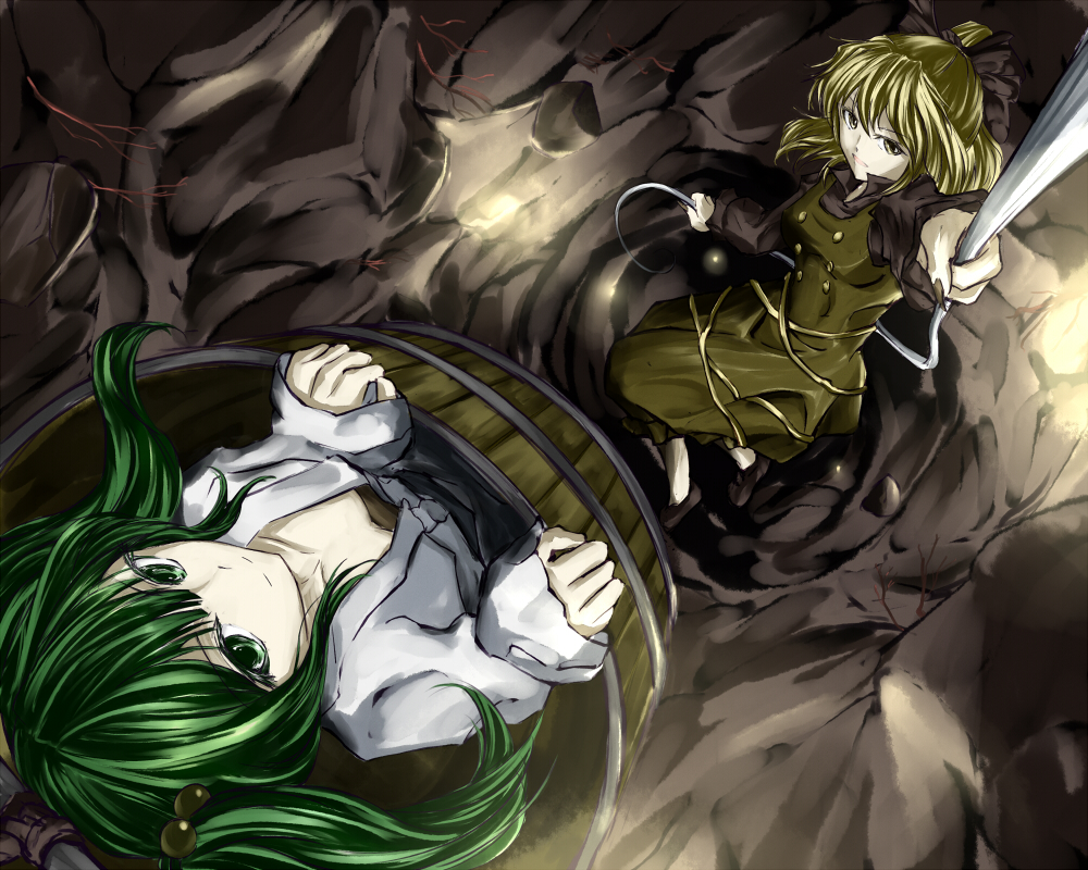 blonde_hair, bow, bucket, collarbone, f_kz, green_eyes, green_hair, hair_bobbles
